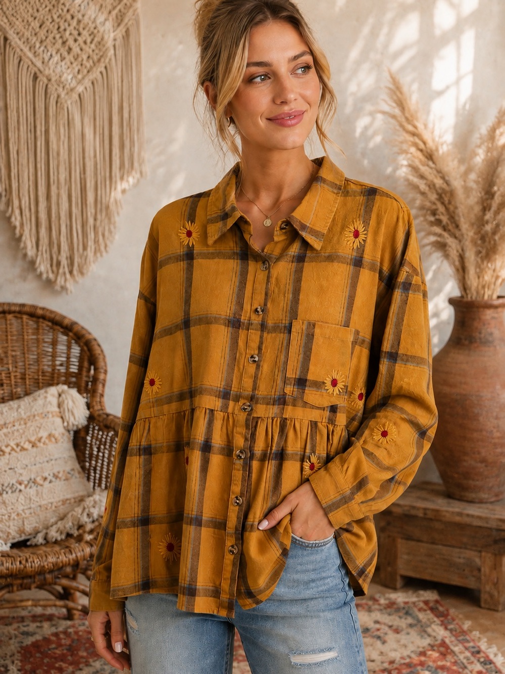NWT easel Plaid Daisy Embroidered Button-Front Peplum Shirt (111123) 🌼 🍂